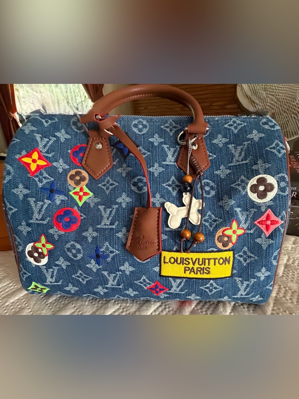 Blue Denim Mono Satchel with Brown Trim
